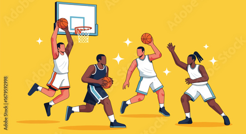 Set of basketball players in action dribbling, passing, and shooting, representing teamwork, competition, athletic skill, and dynamic performance in sports