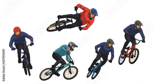 Set of BMX riders performing stunts and tricks with bikes, representing extreme sports, freestyle cycling, urban lifestyle, and dynamic athletic performance