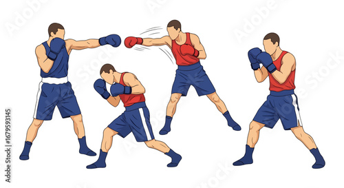 Set of male boxers in action throwing punches and defending, representing combat sports, strength, discipline, and competitive boxing performance