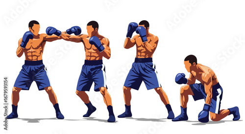 Set of male boxers in action throwing punches and defending, representing combat sports, strength, discipline, and competitive boxing performance