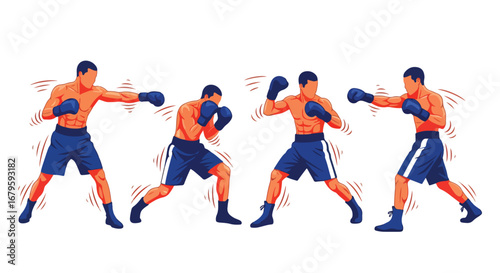 Set of male boxers in action throwing punches and defending, representing combat sports, strength, discipline, and competitive boxing performance