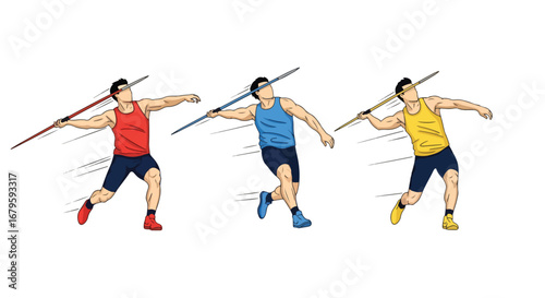 Set of male athletes throwing javelins in action, representing track and field competition, strength, precision, and dynamic performance in professional athletics
