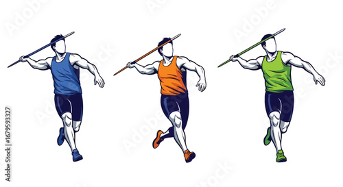 Set of male athletes throwing javelins in action, representing track and field competition, strength, precision, and dynamic performance in professional athletics