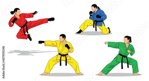 Set of female martial artists practicing kicks, punches, and stances, representing strength, discipline, training, and competitive performance in martial arts and self-defense