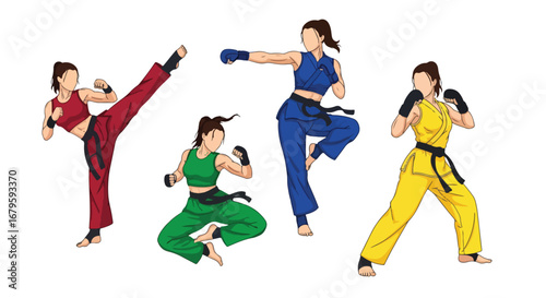 Set of female martial artists practicing kicks, punches, and stances, representing strength, discipline, training, and competitive performance in martial arts and self-defense
