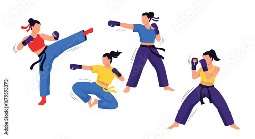 Set of female martial artists practicing kicks, punches, and stances, representing strength, discipline, training, and competitive performance in martial arts and self-defense
