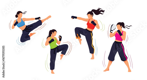 Set of female martial artists practicing kicks, punches, and stances, representing strength, discipline, training, and competitive performance in martial arts and self-defense