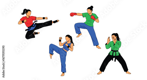 Set of female martial artists practicing kicks, punches, and stances, representing strength, discipline, training, and competitive performance in martial arts and self-defense