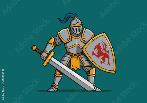 Brave Knight in Shining Armor with Sword and Shield Illustration.