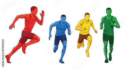 Set of male runners in action during a race, showcasing athletic performance, endurance, fitness, and dynamic movement in competitive track and marathon running