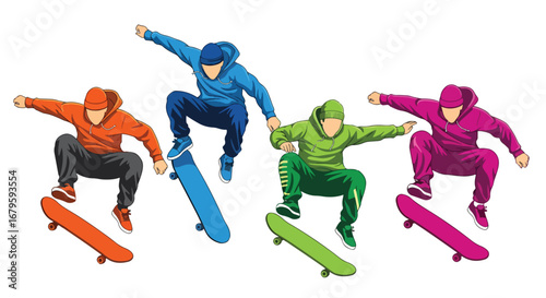 Set of skateboarders performing tricks and jumps, representing urban lifestyle, extreme sports, street culture, and dynamic athletic movement in skateboarding