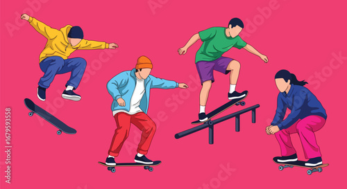 Set of skateboarders performing tricks and jumps, representing urban lifestyle, extreme sports, street culture, and dynamic athletic movement in skateboarding