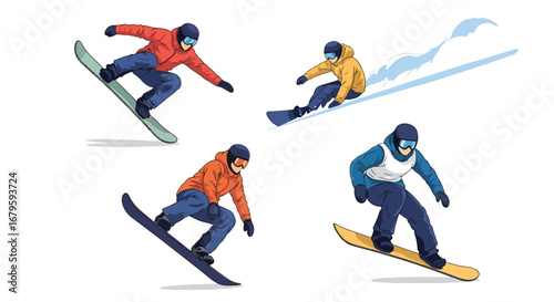 Set of snowboarders performing jumps, tricks, and turns, representing extreme sports, winter adventure, athletic performance, and dynamic movement on snowy slopes