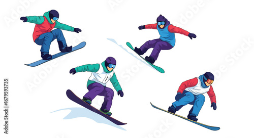Set of snowboarders performing jumps, tricks, and turns, representing extreme sports, winter adventure, athletic performance, and dynamic movement on snowy slopes