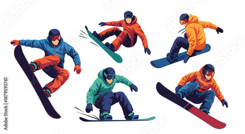 Set of snowboarders performing jumps, tricks, and turns, representing extreme sports, winter adventure, athletic performance, and dynamic movement on snowy slopes