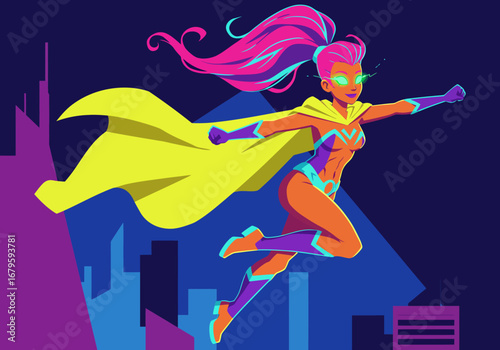 Superheroine Flying Over City Illustration.