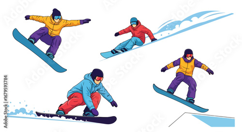 Set of snowboarders performing jumps, tricks, and turns, representing extreme sports, winter adventure, athletic performance, and dynamic movement on snowy slopes