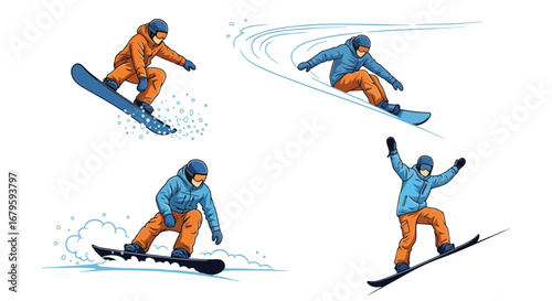 Set of snowboarders performing jumps, tricks, and turns, representing extreme sports, winter adventure, athletic performance, and dynamic movement on snowy slopes