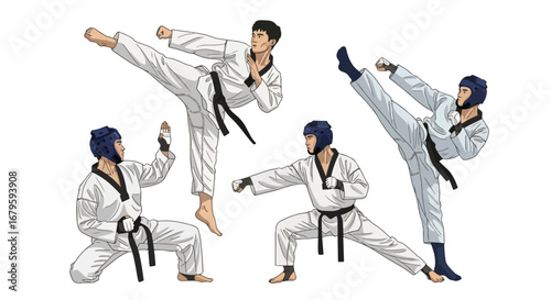 Set of martial artists practicing taekwondo moves including high kicks and fighting stances, representing discipline, training, self-defense, and competitive martial arts performance