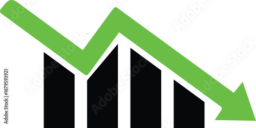 Declining stock market graphic with down arrow and falling chart bars illustration concept