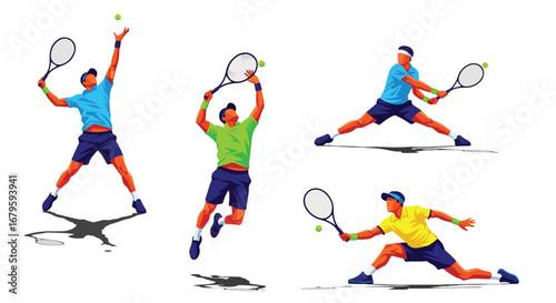 Set of male tennis players performing serve, volley, and forehand shots, showcasing athletic skill, competition, and dynamic movement in professional sports and training