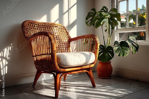 Vintage rattan chair with floral cushion high resolution wallpaper