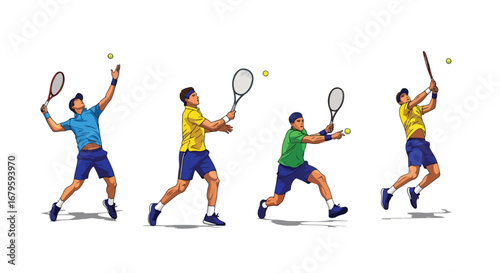 Set of male tennis players performing serve, volley, and forehand shots, showcasing athletic skill, competition, and dynamic movement in professional sports and training