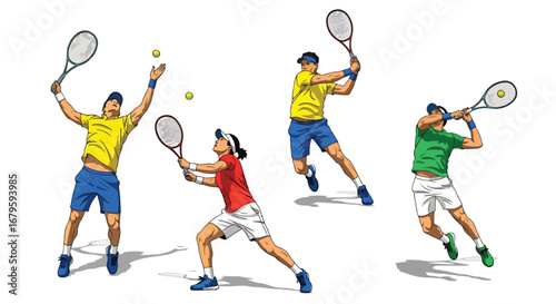 Set of male tennis players performing serve, volley, and forehand shots, showcasing athletic skill, competition, and dynamic movement in professional sports and training