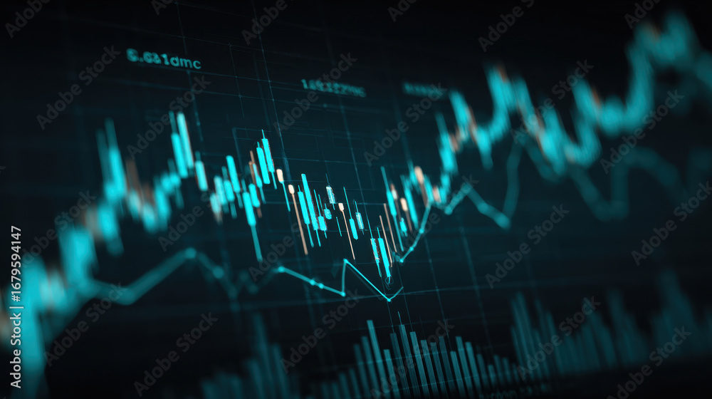 Fototapeta premium Digital financial chart displaying stock market trends and data analysis. vibrant blue and green lines represent fluctuations in prices, showcasing market volatility and trading activity
