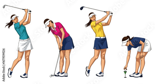 Set of female golfers in action performing swings, putting, and celebrating, representing sportsmanship, competition, and athletic performance in professional and recreational golf