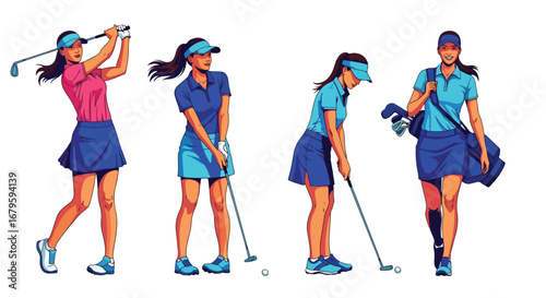 Set of female golfers in action performing swings, putting, and celebrating, representing sportsmanship, competition, and athletic performance in professional and recreational golf