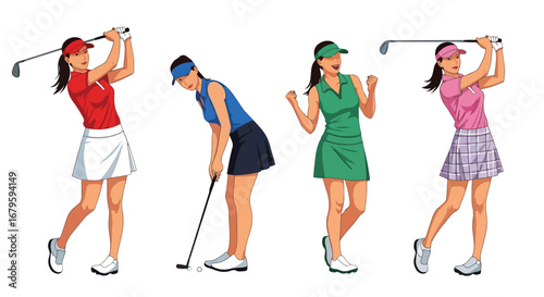 Set of female golfers in action performing swings, putting, and celebrating, representing sportsmanship, competition, and athletic performance in professional and recreational golf