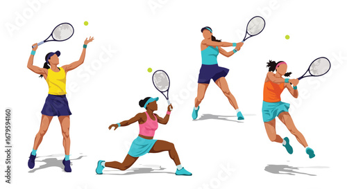 Set of female tennis players in action performing serve, forehand, backhand, and volley, representing competition, athletic skill, and dynamic movement in professional sports