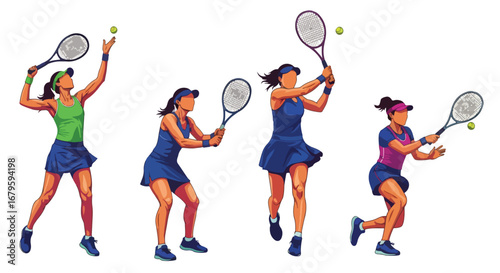 Set of female tennis players in action performing serve, forehand, backhand, and volley, representing competition, athletic skill, and dynamic movement in professional sports