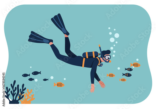 Scuba Diver Exploring Underwater World with Colorful Fish.