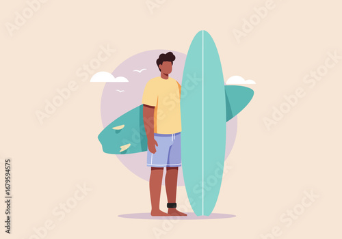 Surfer with Surfboard on the Beach Ready to Surf.