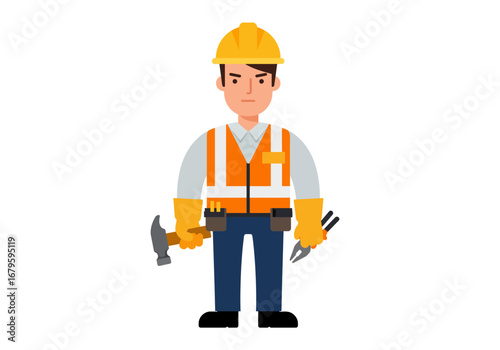 Construction Worker with Hammer and Pliers Illustration.
