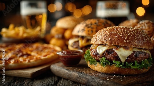 Assorted fast food including pizza, burgers and beer snacks