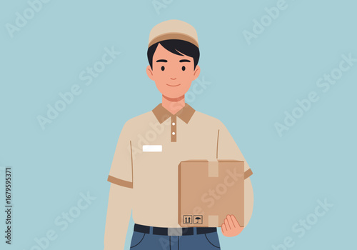 Delivery Man Holding Package Courier Delivering Parcel.