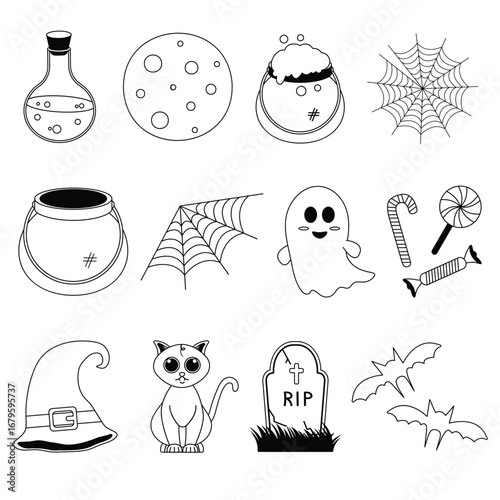 Vector black and white illustration set of Halloween elements. Ghost, grave, candy, bat, spider web, potion, cauldron, moon.