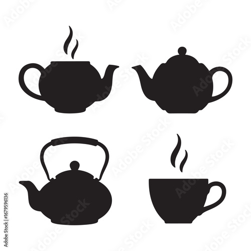 Set of Teapot Silhouette, Tea Icons. Vector black silhouette. with white background