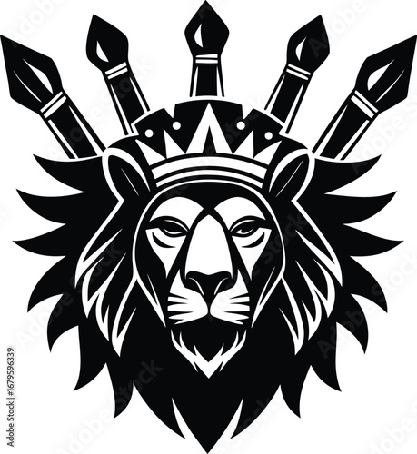 Vector art of artistic lion head wearing a crown made of paintbrushes, representing creativity, artistic leadership, and the fusion of natures power with human ingenuity, isolated on a