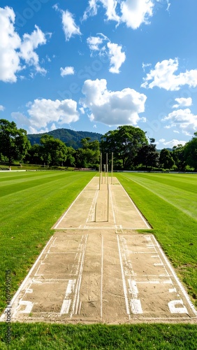 A wide shot of a cricket pitch on a sunny day, showcasing the markings and boundary lines.
