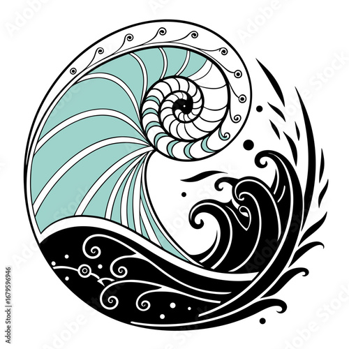 Abstract nautilus shell and wave illustration