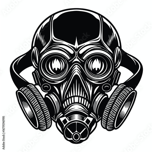 Detailed illustration of a skull wearing a futuristic gas mask with large circular filters and a protective breathing apparatus