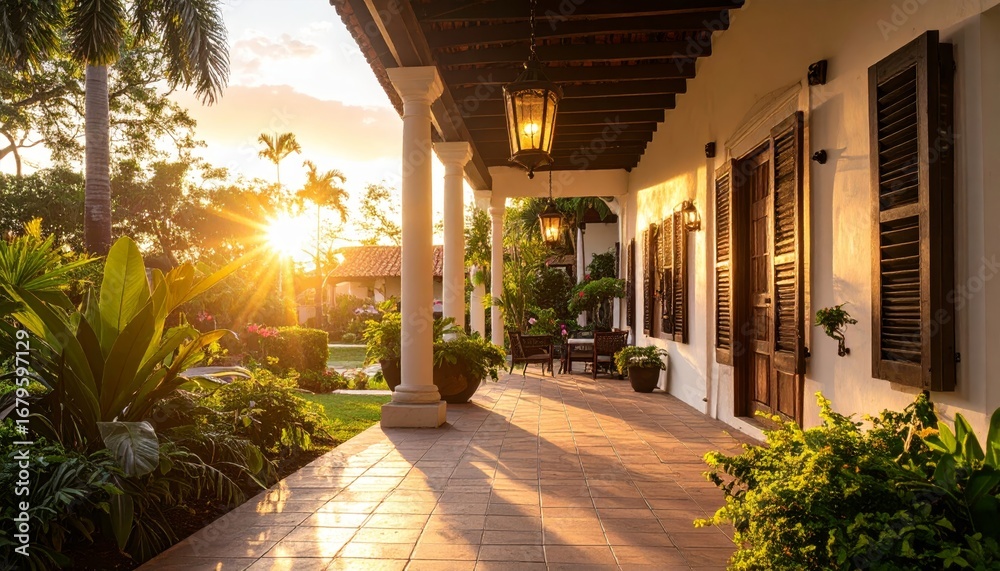 Naklejka premium Serene Sunset Over Tropical Villa Porch with Lush Greenery