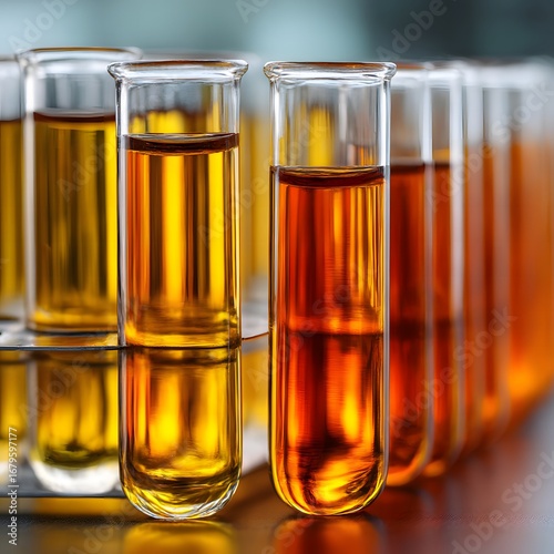 Close up of laboratory test tubes filled with amber liquid chemical solutions creating a science or research concept