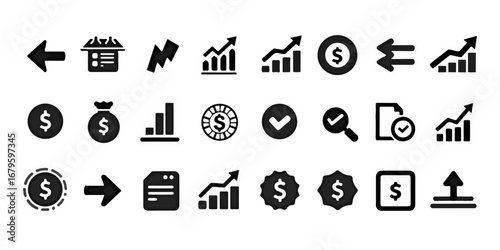 Silhouette Icons Set of Stock market icons showing bullish arrows, bearish charts, stock tickers, dollar signs, and financial reports