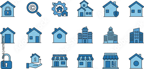 Real estate property and home building icons, house rent and sale symbols, commercial shop, apartment, housing business, mortgage, construction vector illustration set