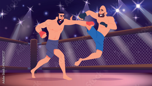 MMA fighters. aggressive sport characters leg punch on arena martial arts fighters